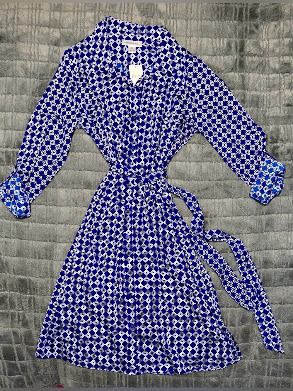Motherhood Maternity Blue and White Geometric Long Sleeve Dress - NWT